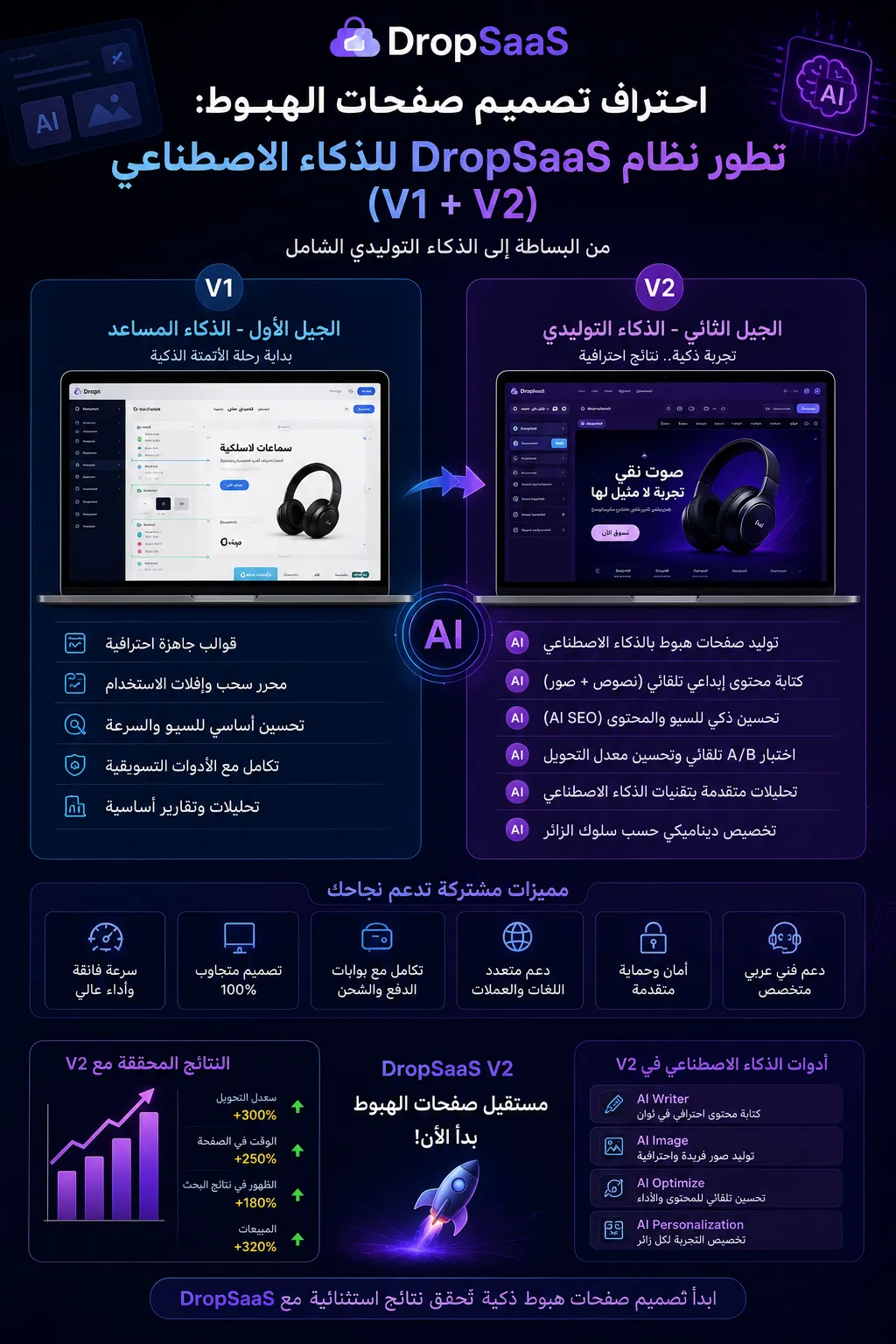 احتراف تصميم صفحات الهبوط: تطور نظام DropSaaS للذكاء الاصطناعي (V1 + V2)